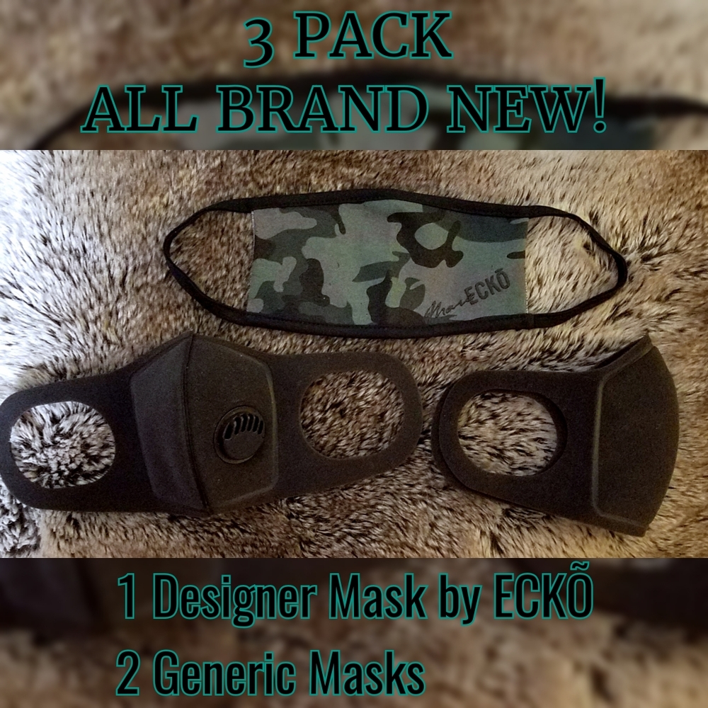 NEW Marc Ecko Camo Face Mask (3 Pc Lot) +2 New Black Face Masks w Cotton Filters